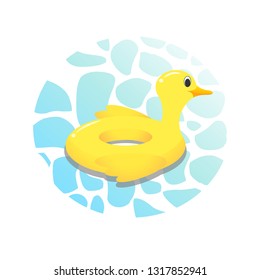 Inflatable swimming ring in shape of funny yellow duck. Floating beach toy. Vector summer concept