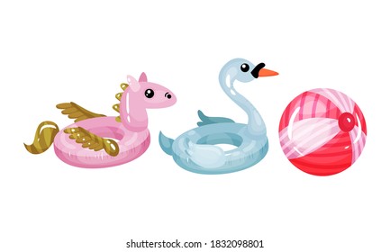 Inflatable Swimming Ring in Shape of Swan and Ball Vector Set