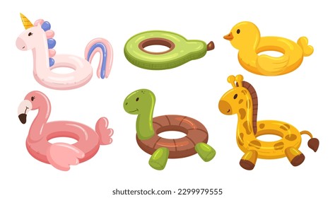 Inflatable Swimming Rings Available In Various Sizes And Colors. Perfect For Recreational Activities In Water And Learning To Swim. Suitable For All Ages And Easy To Store. Cartoon Vector Illustration