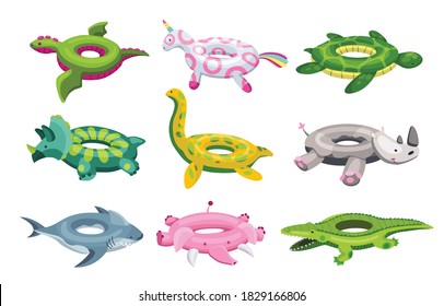 Inflatable swimming rings. Life-rings in pool for summer vacation. Collection of cartoon rubber floating lifesavers in form of cute animals