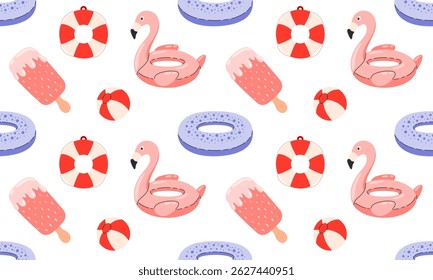 Inflatable swimming rings seamless pattern. Summer holiday in pool or sea. Swim tube, flamingo, ice cream, ball, lifebuoy. Tropical vacation. Beach background. Flat vector illustration