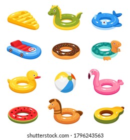 Anillos de natación inflables para los niños. Queso flotante, dragón, delfín, ballena, coche, donat, tortuga, pato, bola, flamingo, sandía, caballo, pera. Tubo de baño. Colección de vectores aislada en blanco.