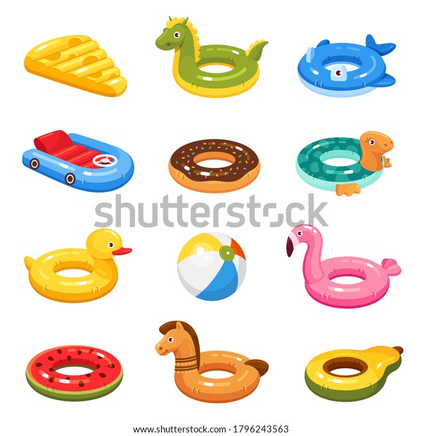 Inflatable swimming rings set for children.\
Floating cheese, dragon, dolphin, whale, car, donat, turtle, duck,\
ball, flamingo, watermelon, horse, pear. Swim tube. Vector\
collection isolated on\
white.