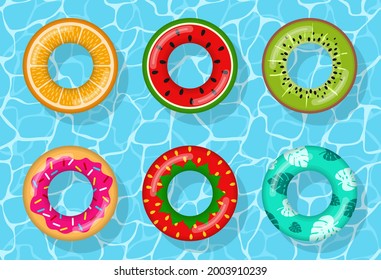 Inflatable swimming rings set looking like orange, watermelon, kiwi, donut, strawberry and tropical on water pool, Rubber float lifesaver ring, buoy children beach summer sea water theme. Vector icons