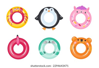 Inflatable swimming rings set. Pool party toys. Summer floating rubber accessories collection