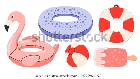 Inflatable swimming rings set. Summer holiday in pool or sea. Swim tube, flamingo, ice cream, ball, lifebuoy. Tropical vacation. Rubber toy for water. Beach resort activities. Flat vector illustration
