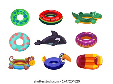 Inflatable swimming set. Cute floating toys, rubber rings, swimming mattress, whale, donut. Vector illustrations for swimming pool kids party, summer vacation, beach concept