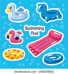 Inflatable swimming set. Cute water toys flamingo, swan, rings, floats. Beach party vector summer stickers. Trendy doodle illustration. Vector flat style cartoon inflatable items on blue background 