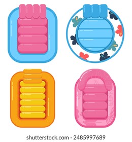 Inflatable tanning pool floats vector cartoon set isolated on a white background.