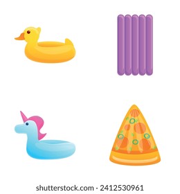 Inflatable toy icons set cartoon vector. Inflatable mattress and circle. Beach vacation, summer