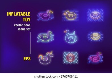Inflatable toy neon signs set. Ring, lifebuoy, summer vacation, duck, unicorn, flamingo, donut. Night bright advertising. Vector illustration in neon style for banners, posters, travel flyer design