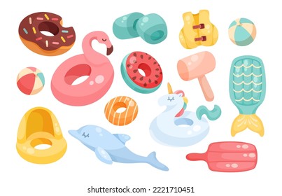 Inflatable toys and floaters for pool vector illustrations set. Plastic objects for swimming pool, rings or circles, lifesavers, mattresses isolated on white background. Summer holidays concept