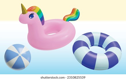 Inflatable toys - pink unicorn, ring and ball on a sunny day. Elements  for invitation card or banner for pool, beach party. Modern style vector from 3d rendering