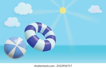 Inflatable toys - ring and ball on a sunny day. Background  for invitation card or banner for pool, beach party. Modern style vector from 3d rendering