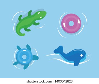 Inflatable toys for summer vector, saving ring for safety lifebuoy in form of turtle flat style. Summertime season and vacation. Crocodile and whale animals