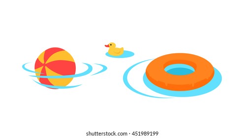 Inflatable toys for swimming vector. Flat style design. Family holidays, games in the water. Summer vacation, kids swimming lessons concept. Ball, rescue circle, rubber duck in te pool. On white,