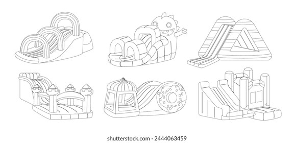 Inflatable Trampoline And Slides Outline Monochrome Icon Set. Air-filled Castle or Dragon Structure for Bouncing