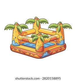 Inflatable tropical desert oasis play structure illustration with four palm tree pillars at the corners and bright orange side walls isolated on a clean white background.