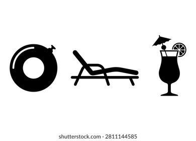 Inflatable tube sunbed and exotic drink silhouettes for beach holiday and resort travel themes.