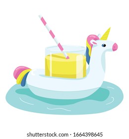 Inflatable unicorn cartoon vector illustration. Citrus cocktail with straw. Fun air mattress to hold drinks. Alcohol in glass cup flat color object. Refreshing liquid isolated on white background