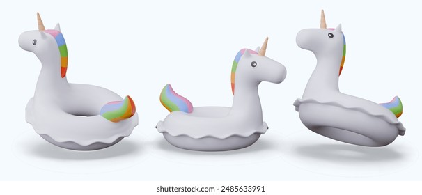 Aufblasbarer Einhornring in verschiedenen Positionen. Nettes Zubehör für Kinder Wasserspiele