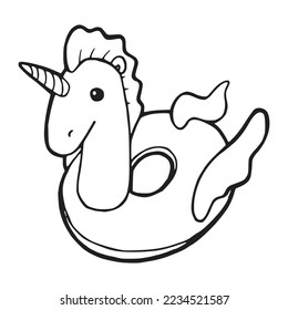 Inflatable unicorn summer rubber toy hand drawn outline illustration. Water pool and beach float swimming horse toy simple contour pen drawing. Retro children girly inflatable floating ring shape belt