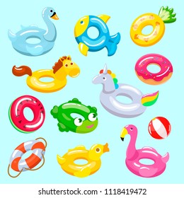 Inflatable vector inflated swimming ring and life-ring in pool for summer vacation illustration set of inflation rubber toys flamingo or donut isolated on background