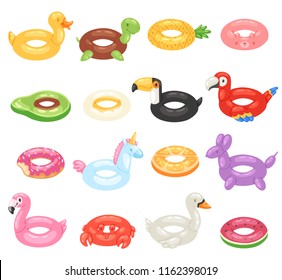 Inflatable vector inflated swimming ring and life-ring in pool for summer vacation illustration set of inflation rubber toys flamingo or donut isolated on white background