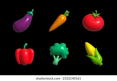 Verduras inflables. Elemento 3D inflado con efecto plasticino. Indique la berenjena, zanahoria, tomate, pimienta, brócoli, maíz. Ilustración del vector