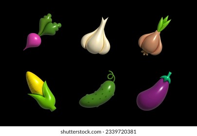 Verduras inflables. Elemento 3D inflado con efecto plasticino. Fijar el radio de los iconos, el ajo, la cebolla, el maíz, el pepino, la berenjena. Ilustración del vector