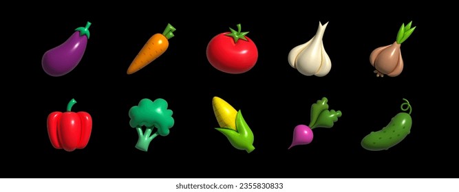 Verduras inflables. Elemento 3D inflado con efecto plasticino. Indique la berenjena, zanahoria, tomate, ajo, cebolla, pimienta, brócoli, maíz, rábano, pepino. Ilustración del vector