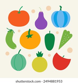 Inflatable Vegetables. Inflated 3D element with the plasticine effect. Set icon eggplant, carrot, tomato, garlic, onion, pepper, broccoli, corn, radish, cucumber. Vector illustration