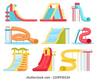 Inflatable water slides and plastic spiral tubes for aquapark pools. Cartoon amusement swimming park for extreme entertainment vector set. Summertime activity in waterpark. Recreation for children