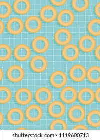 Inflatable Yellow Swim Circles on a Blue Turquoise Water. Swimming Pool Air Mattress Floating at the Water. Abstract Swim Circles Vector Pattern. Hand Drawn Swimming Pool from Bird Eye View.