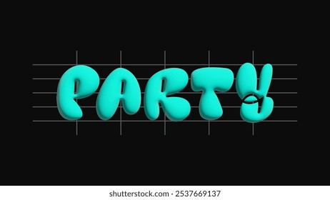 Inflated 3d balloon style blue typography text spelled party, isolated on black background.