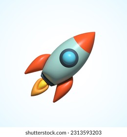 Inflated 3D Vector Retro Futuristic Rocket Launch Illustration. Abstract Spacecraft Logo Template. Isolated