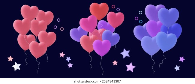 Inflated balloon in the form of a heart. Gift set for a party, anniversary, festival, carnival. Romantic symbol of the holiday, birthday, valentine's day. Balloons flying up. Party decoration. Vector 