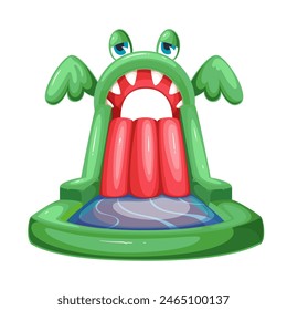 Inflated bouncy slide of cartoon green dragon shape. Front view of trampoline from open mouth with teeth of fairy tale character, aquapark mascot, cartoon inflatable equipment vector illustration