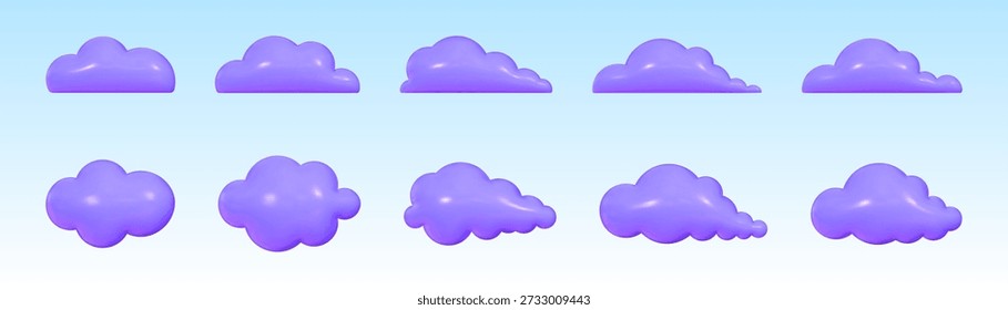 Aufgeblasene Wolken mit verspieltem Retro-Blasen-Design in lebendigen violetten Farbtönen verstärken eine skurrile Atmosphäre.