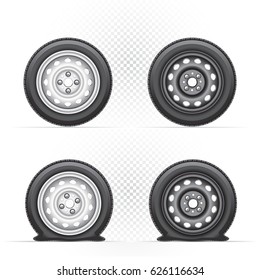 Inflated and deflated light and dark car wheel set. Collection of black and gray metal auto tyre. Transport tire with shadow isolated on transparent white background