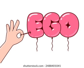 Inflated ego concept. Hand holding a needle bursting cartoon EGO balloon. Vector clip art illustration, comic style drawing.