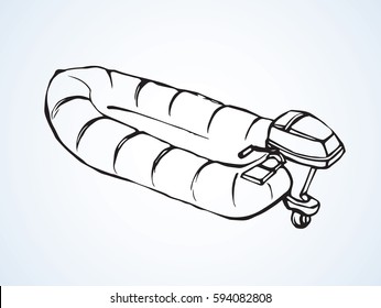 Inflated empty trip fishingboat sail on white sea background. Outline black ink hand drawn picture logo sketchy in art retro scribble style pen on paper. Close up top view with space for text on ocean