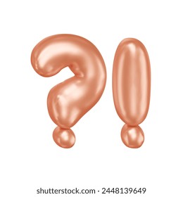 Inflated exclamation and question marks. Cartoon symbols in 3d style and gold color. Balloon element with shiny effect. Vector illustration. Design graphics.