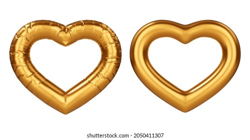 Inflated golden air balloon heart. Realistic vector illustration. Concept for love, valentines day or wedding design