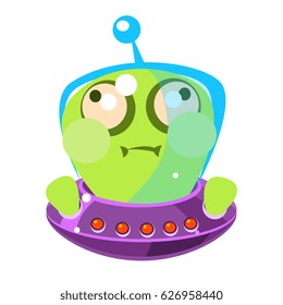 Inflated green alien in a flying saucer, cute cartoon monster. Colorful vector character
