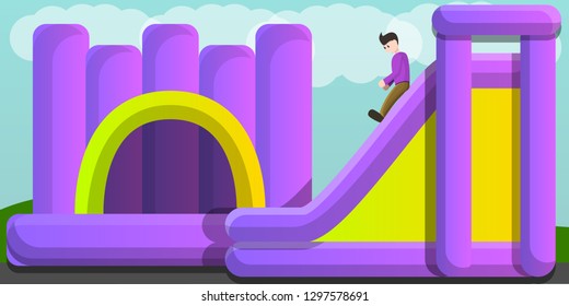 Inflated jumping castle and slide concept banner. Cartoon illustration of inflated jumping castle and slide vector concept banner for web design