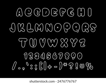 Inflated letters, special characters and numbers font. Vector isolated set of y2k retro line typeface for typography or banners decoration. Abstract shape, minimalist design for groovy look