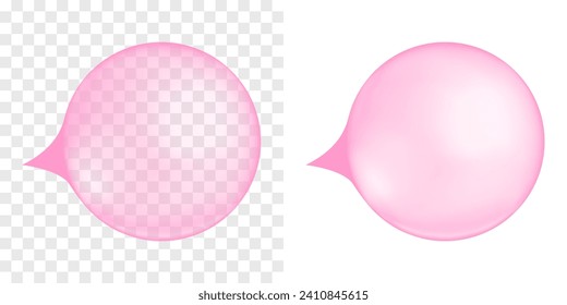 Inflated pink bubble gum. Strawberry or cherry chewing bubblegum ball isolated on transparent and white background. Cute girly design element. Vector realistic illustration.