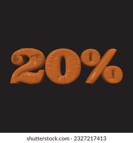 Inflated plastic square illustration of volumetric glossy deformed 3D render of orange number 20 percent on black background. Balloon metallic number. Beautiful volumetric number for advertising. 