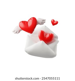 Inflated volumetric red heart with white wings and an envelope. 3d icon. Valentine's Day. Love. Composition. Glossy smooth surface. Plastic or latex. Realistic. Vector illustration on white background